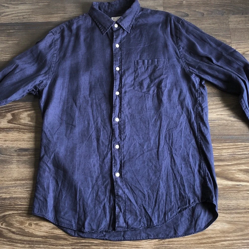J Crew Mens 100% Linen Shirt Button Front Long Sleeve Navy Blue Large